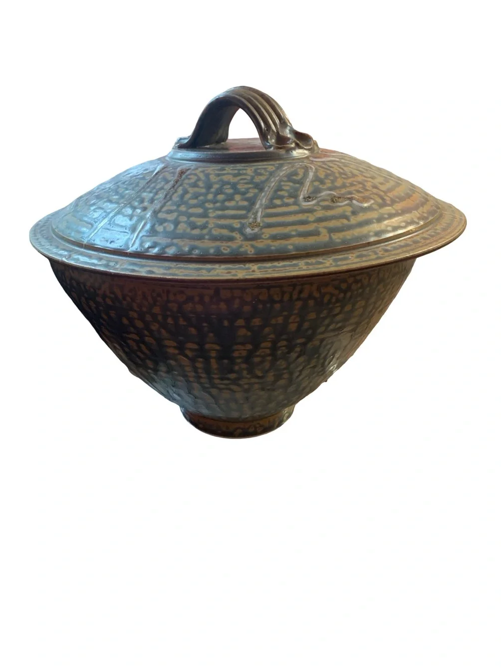 Signed Studio Art Pottery Lidded Casserole Serving Bowl Green Blue Textured